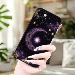 Phone Case: 1 Phone Case Intricate Purple Crescent Moon with Golden Ornate Stars and Constellations on Cosmic Background for iPhone Birthday or Festival Gift for Men and Women for iPhone 17 16 15 14 13 12 11 XS X Pro Max Colored Silver Printed Phone