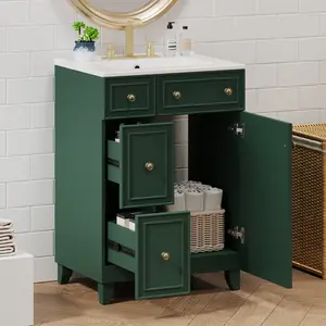 24" Forest Green Bathroom Vanity Cabinet with Ceramic Sink, 2 Drawers, 1 Soft-Close Door   WL