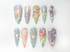 Handmade 3D Pastel Floral Press On Nails, Dreamy Butterfly Nail Art