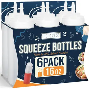 16 oz Condiment Squeeze Bottles,  Bottles for Sauces, Ketchup, Plastic Squeeze Bottle for Liquids, Leak Proof, Dressing Bottle for Syrup, Pancake Batter, oil, Arts and Crafts, Pack of 6