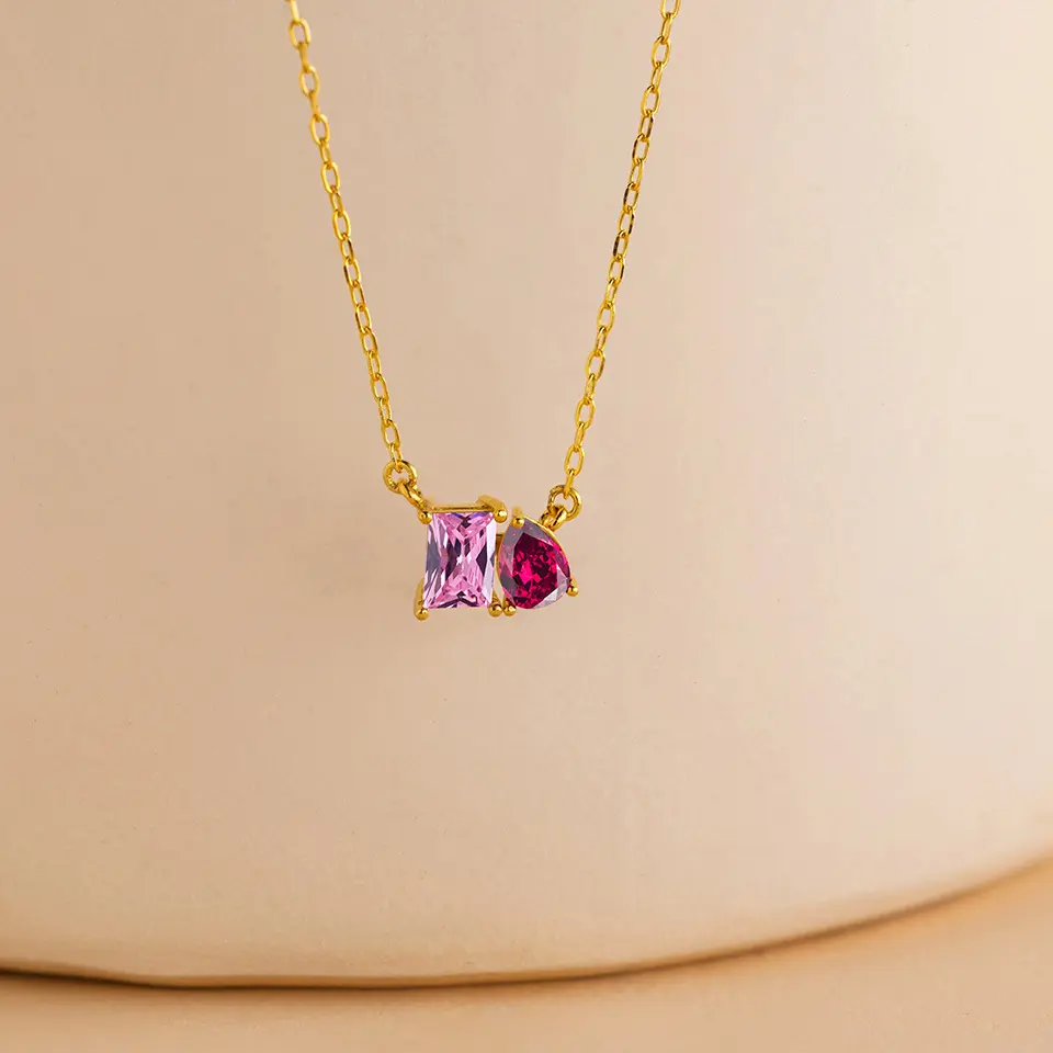 Gold Plated Birthstone Necklace, Dual Gemstone Pendant, Hypoallergenic Dainty Chain, Perfect for Everyday Wear, Birthday Gifts & Layering Jewelry