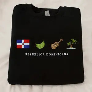 Republica Dominicana Embroidery Sweatshirt/T-shirt/Hoodie, Cozy, Black, Island, Platano Verde, Bachata, Merengue, Guitar Gift Symbol Stitch Crewneck Unisex