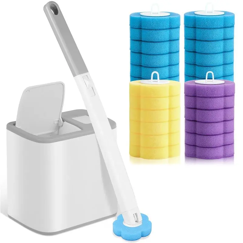 Flip Lid Multifunctional Toilet Cleaning Brush Set 24PCS Refill Heads Flower Shape Efficient Decontamination Wall Standing Placement Daily Cleaning Product