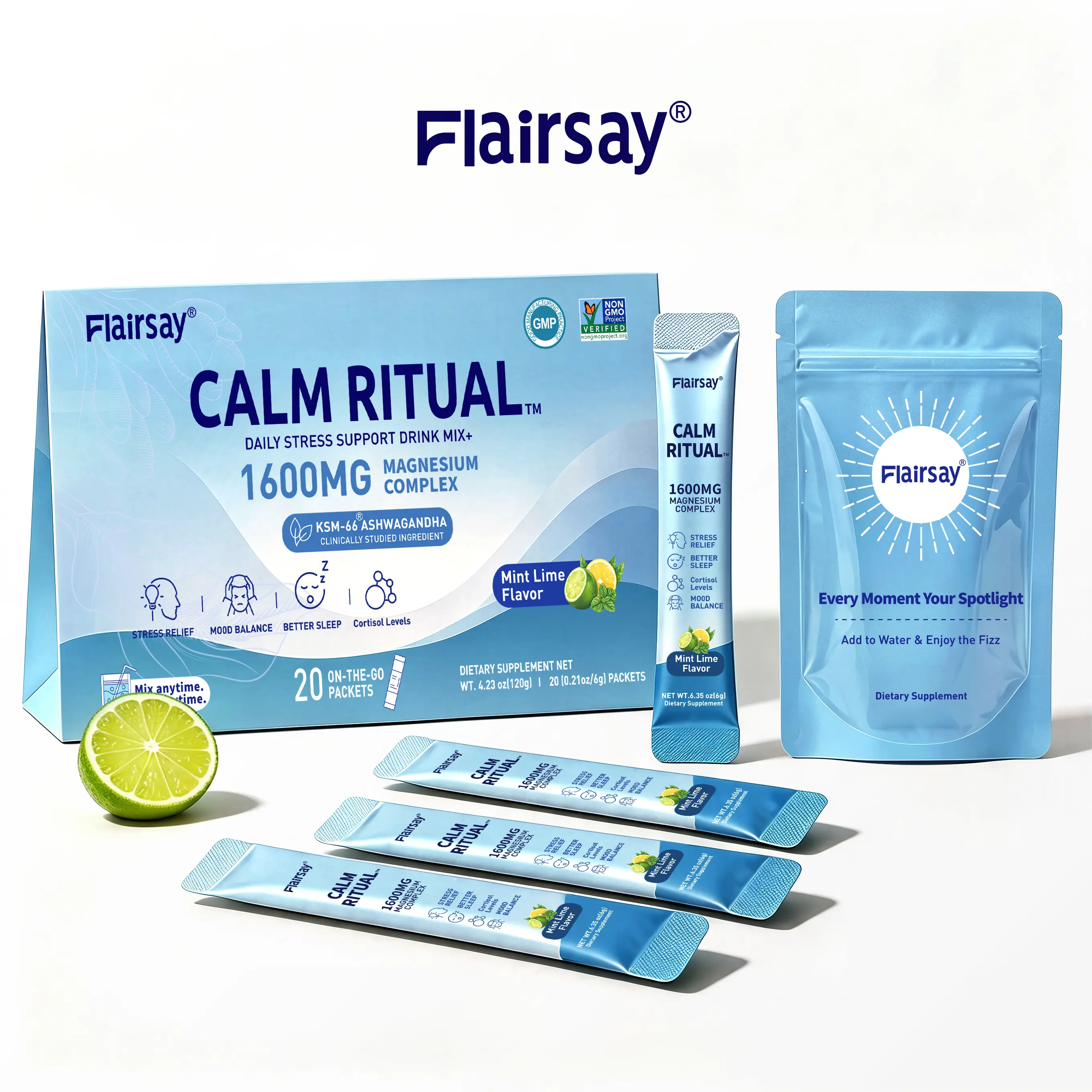 FLAIRSAY MAGICRELAX Magnesium Calm Drink Mix | 8-in-1 Formula with KSM-66 Ashwagandha, GABA, Saffron & Vitamin D3 | Daily Relaxation & Sleep Support | 20 On-the-Go Stick Packs