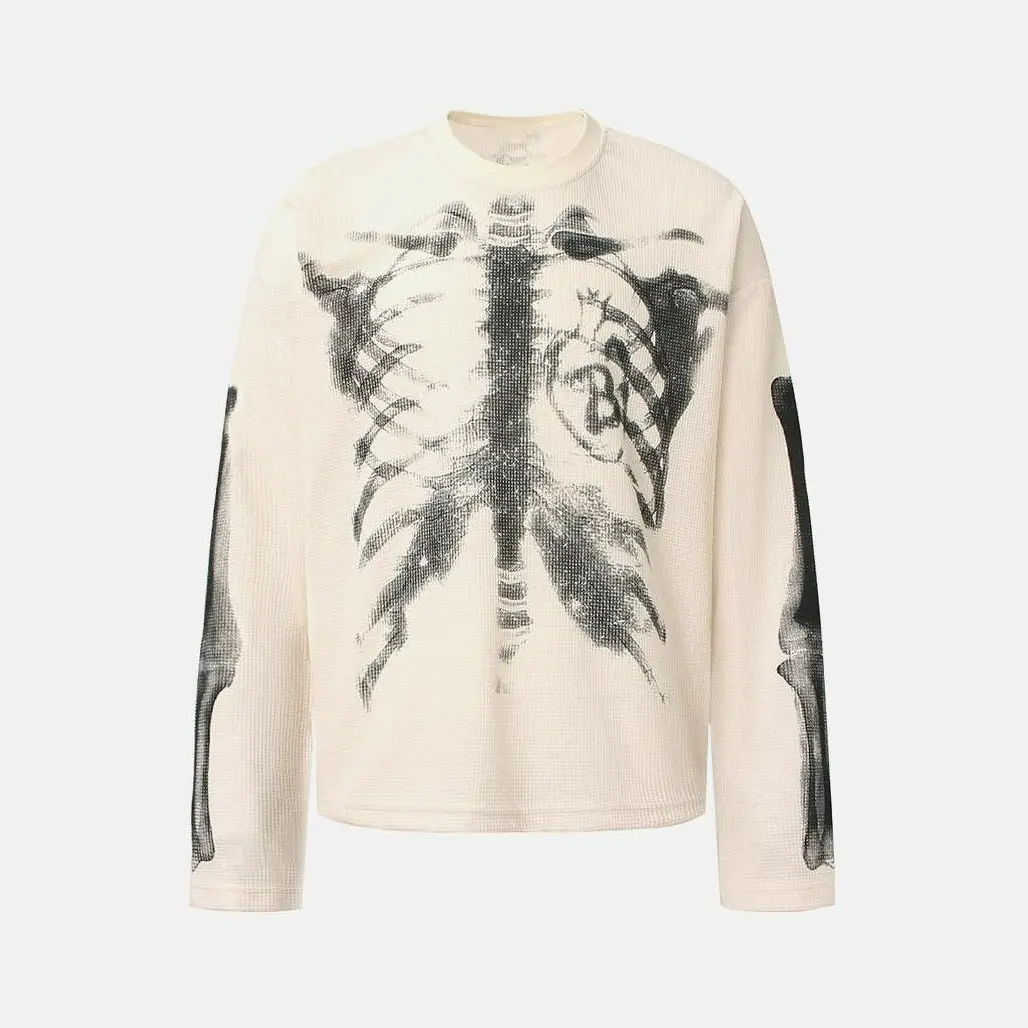 Y2K Gothic Style Men's Waffle Knit Long Sleeve Top Loose Fit Long Skeleton Rib Print Warm Knit Shirt Comfortable Texture Alternative Clothing Daily Street Fashion Outfit