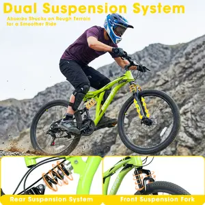 26-Inch Full Suspension Mountain Bike - Hardtail Off-Road Bicycle with Dual Disc Brakes, Shock Absorption for Bumpy Trails, Urban Commutes