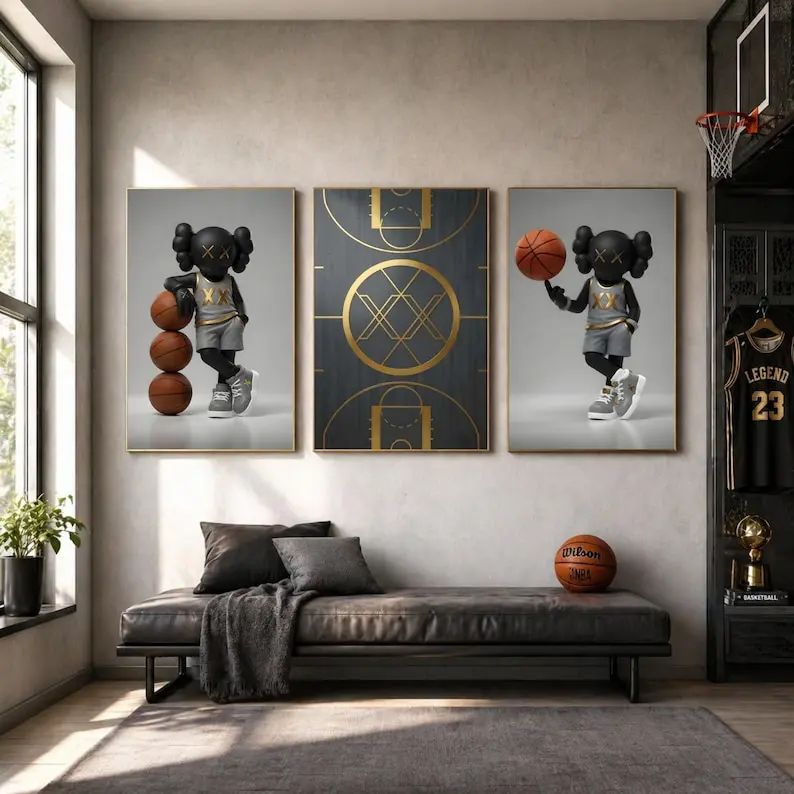 Kaws Basketball Poster Print Unframed Set of 3 Wall Art , Sports HypeBeast Room Decor, Teen Boy Bedroom Prints, Gaming Room Basketball Kaws Figures Decor