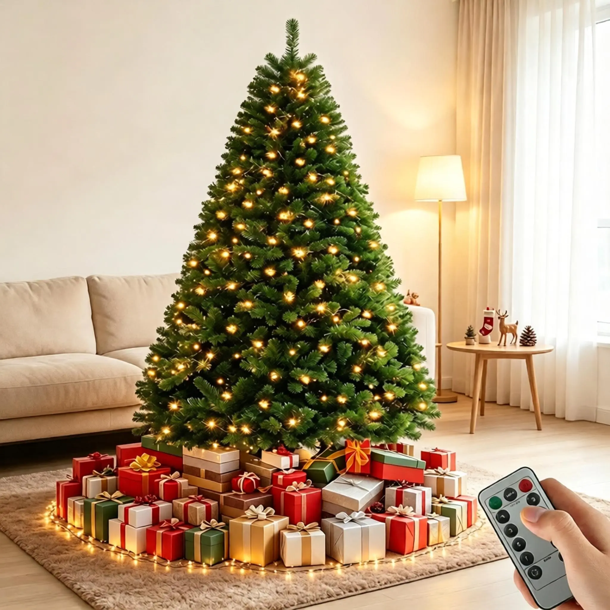 6ft Artificial Christmas Tree – 200 Warm White LEDs with Remote & Timer, 900 Branch Tips, Slim Hinged Corner Design, Flame Retardant PVC, Easy 3-Section Assembly, Metal Stand Included, Plug-In Lights, Home Office Holiday Decor