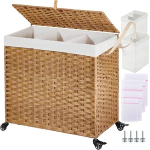 Laundry Hamper with Wheels & Lid, 130L Large 3 Sections Clothes Hamper with 2 Types Removable Liner Bags, 5 Mesh Laundry Bags, Handwoven Divided Laundry Basket for Clothes, Natural