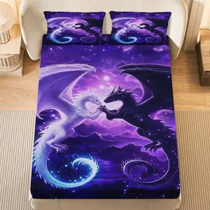 3Pcs Fantasy Dragon Galaxy Fitted Sheet Three Piece Set (1*Fitted Sheet+2*Pillowcases, Coreless), Halloween theme, Mystical Dragons Bedding Set, Mattress protector Soft, Breathable