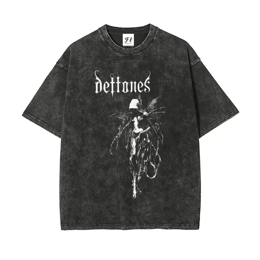 Unisex Deftones Retro Heavy Metal Graphic Vintage Washed T-Shirt Rock Band Style Short Sleeve Tee Menswear Top Streetwear cotton