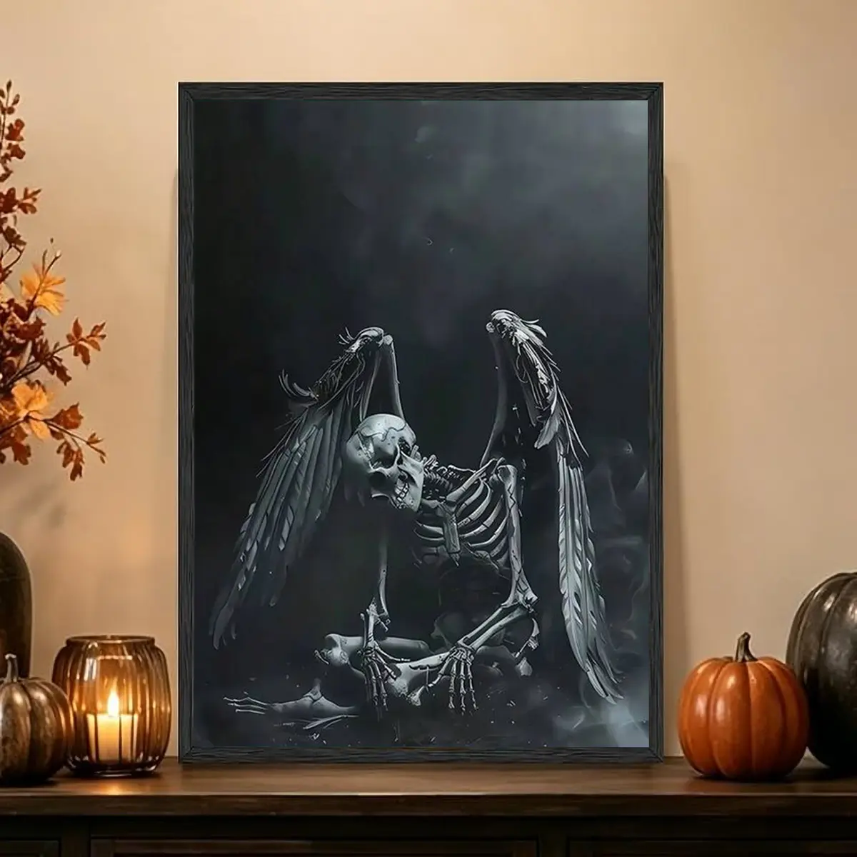 Fallen Angel Skeleton with Broken Wings, Dark Gothic Smoke Art, Minimalist Artistic Hanging Artwork, 2D Flat Print Canvas Wall Art Poster, Wall Decoration/Home Décor, Grunge Dark Wall Decor, Perfect Gift for Teen Bedroom, Tattoo Studio Home Wall Decor