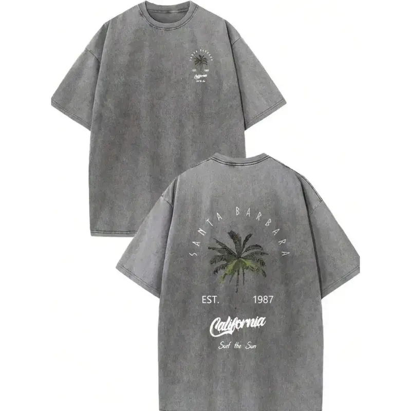 Vintage Santa Barbara California T-Shirt, Retro Washed Cotton Oversized Short Sleeve Tee, EST. 1987 Surf The Sun Palm Tree Graphic Casual Summer Top for Men Women