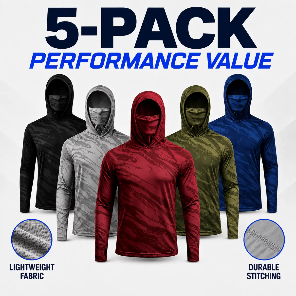 Male 5-Pack Camo Performance Hoodies with Attached Hood, Built-in Face Gaiter, UPF 50, Quick Dry, Moisture-Wicking, Breathable, Flexible Stretch Long Sleeves, Polyester Fiber Outdoor Athletic Gear for Hiking, Outdoor Work