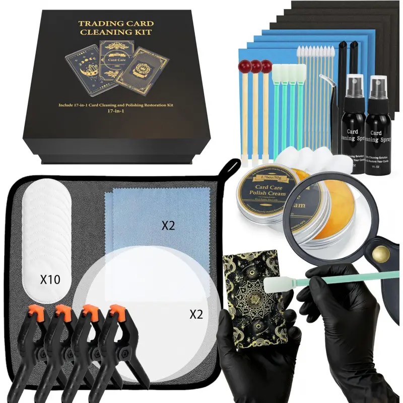 Card Care Clean Kit,17-in-1 Card Cleaning and Polishing Restoration Kit, Trading Card Cleaning Box with Cleaning Spray and Balck Nitrile Gloves, Suitable f