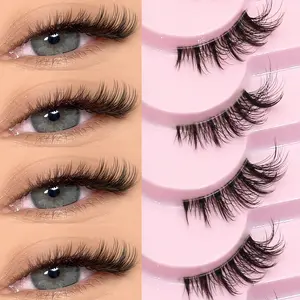 GROINNEYA 9 Pairs Natural Cross Half Eyelashes Short Wispy Fluffy Lightweight Soft Comfortable Self Adhesive Faux Mink False Eyelashes With Clear Band,Winged End Eye Elongated,Suitable For Daily, Makeup