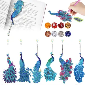 6-piece DIY diamond painting set, art PET single-sided crystal colored peacock pattern water diamond book notes, 5D diamond painting bookmark set, special-shaped diamond art, suitable for back-to-school season and Thanksgiving gifts