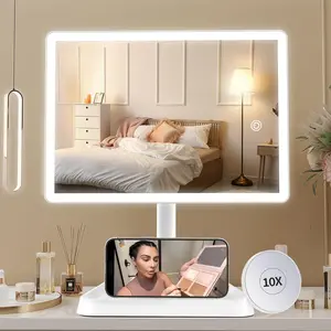 Rechargeable makeup vanity mirror with lights large lighted desk makeup mirror with 96 led lights and 10x magnifying mirror 3 color lighting light up make up mirror with phone holder
