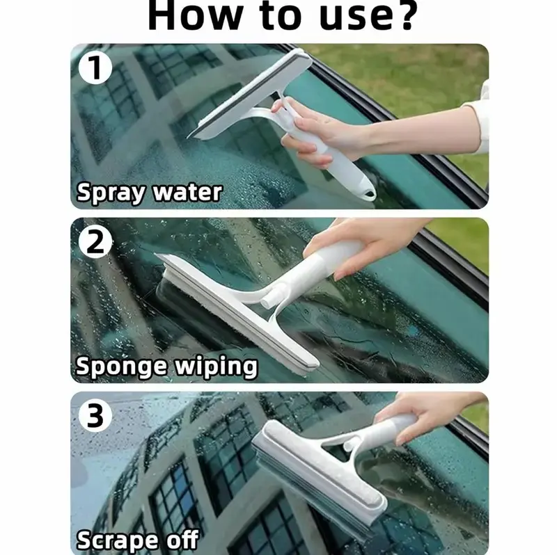3-in-1 Window Cleaning Tool with Spray - Squeegee, Scraper, Silicone Microfiber Scrubber, PVC Handle, Lightweight Home Cleaning Tool for Car Windshields, Mirrors, Glass Surfaces (TikTok Hack)