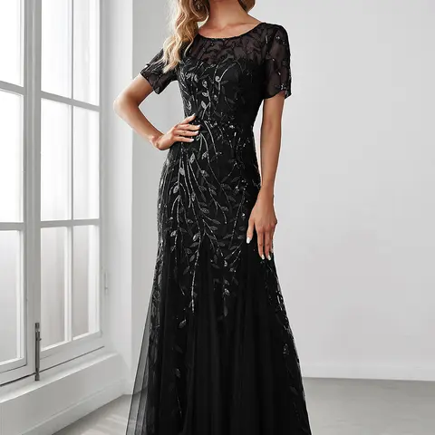 EVER PRETTY Women's Formal Sequin Leaf Glitter Tulle Bodycon Fishtail Maxi Dress - Crew Neck, Short Sleeve, No-Stretch Fabric, Retro Charm, Dry Clean, Elegant Fit Prom Party Dress for Women, Wedding Guest Evening Events