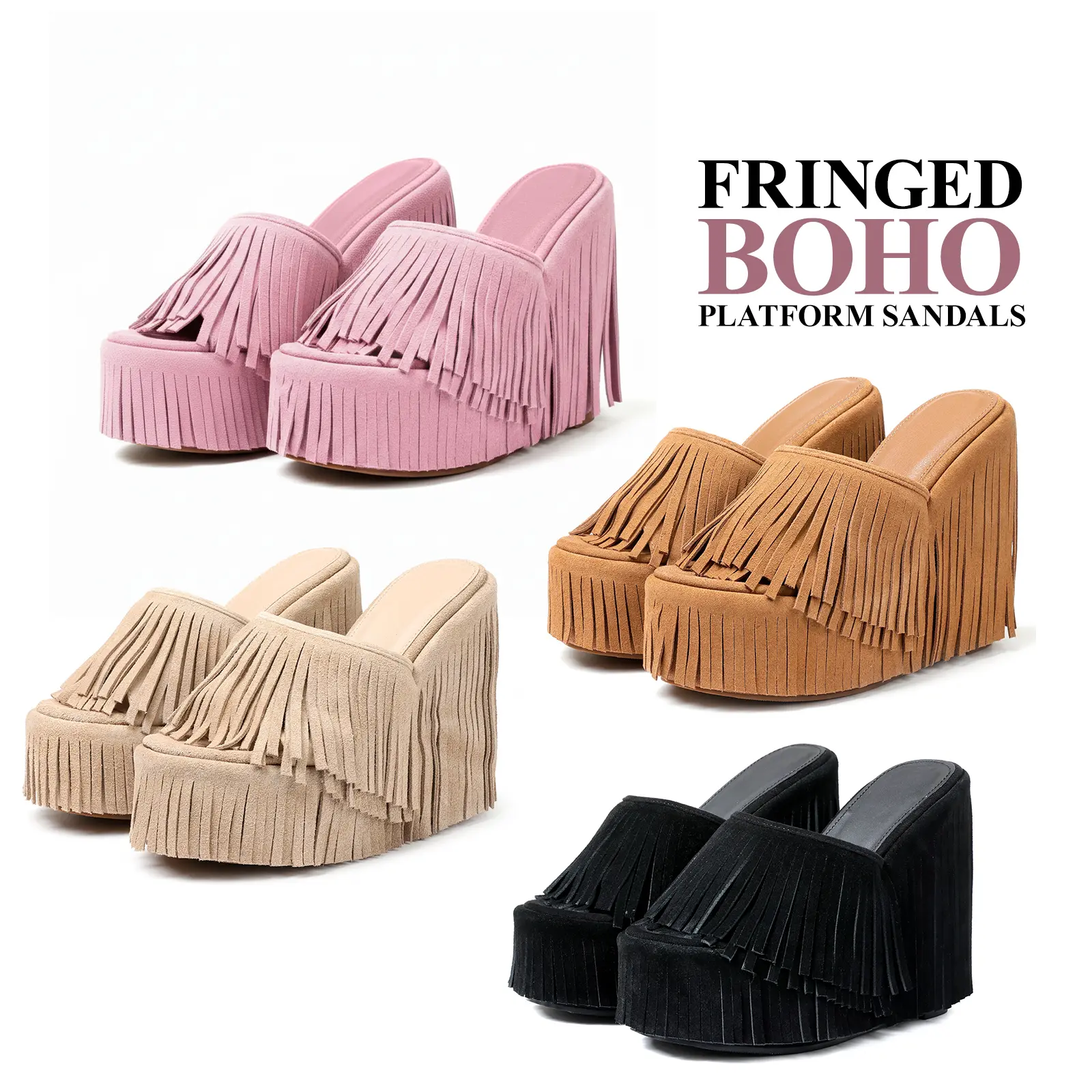 CYNLLIO Womens Fringed Boho Cowboy Style Platform Sandals Open Round Toe Tassel High Heels Slip On Wedge Heeled Slides for Dating Outings Evening Party Holiday Summer Dress Sandals Beach Slippers Bohemian Style Shoes