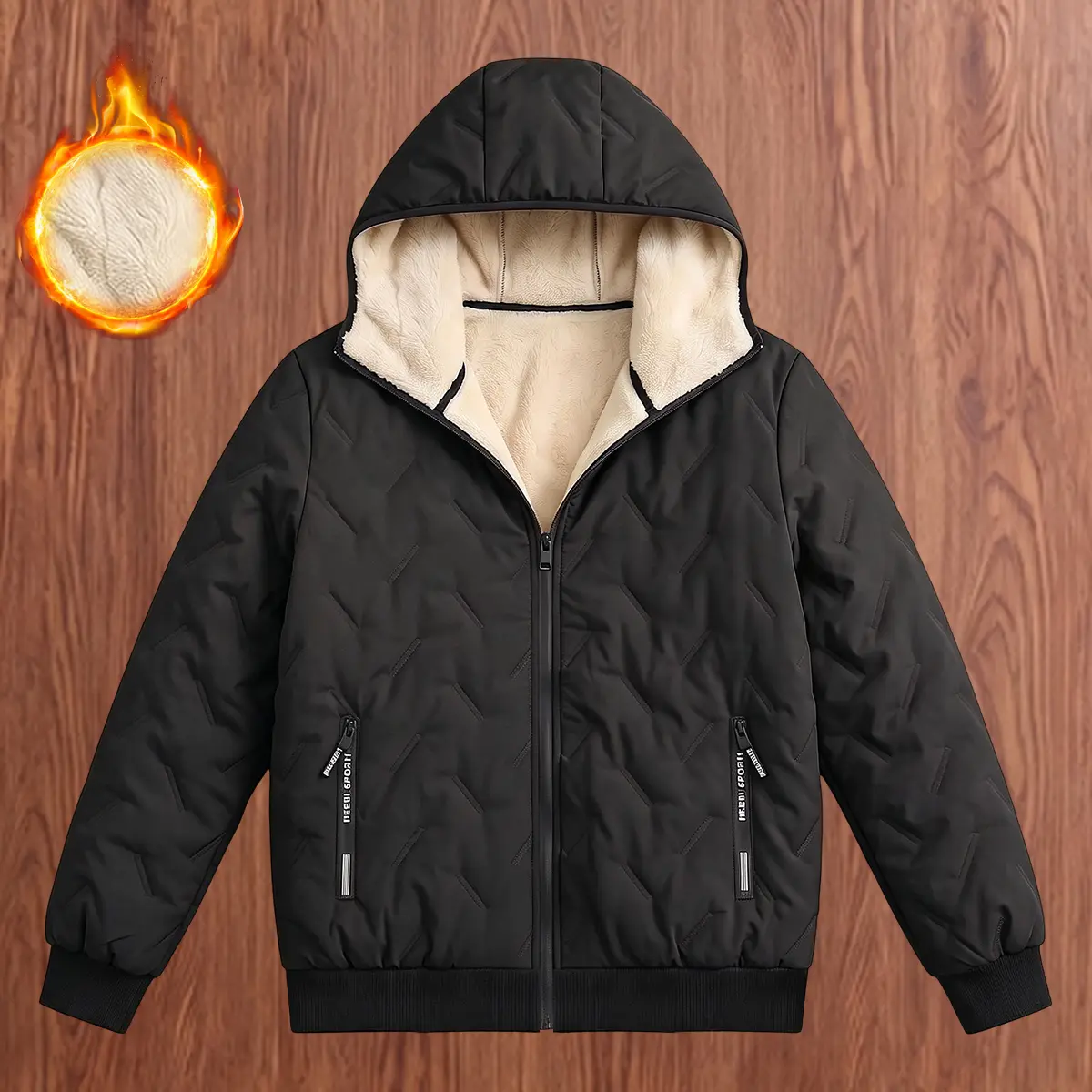 JOGWAVE men’s winter jacket, hooded windproof waterproof heavy-duty outdoor insulated jacket with secure zipper pockets, high-performance stretch fill jacket, lightweight geometric-textured technical apparel, fleece lining.