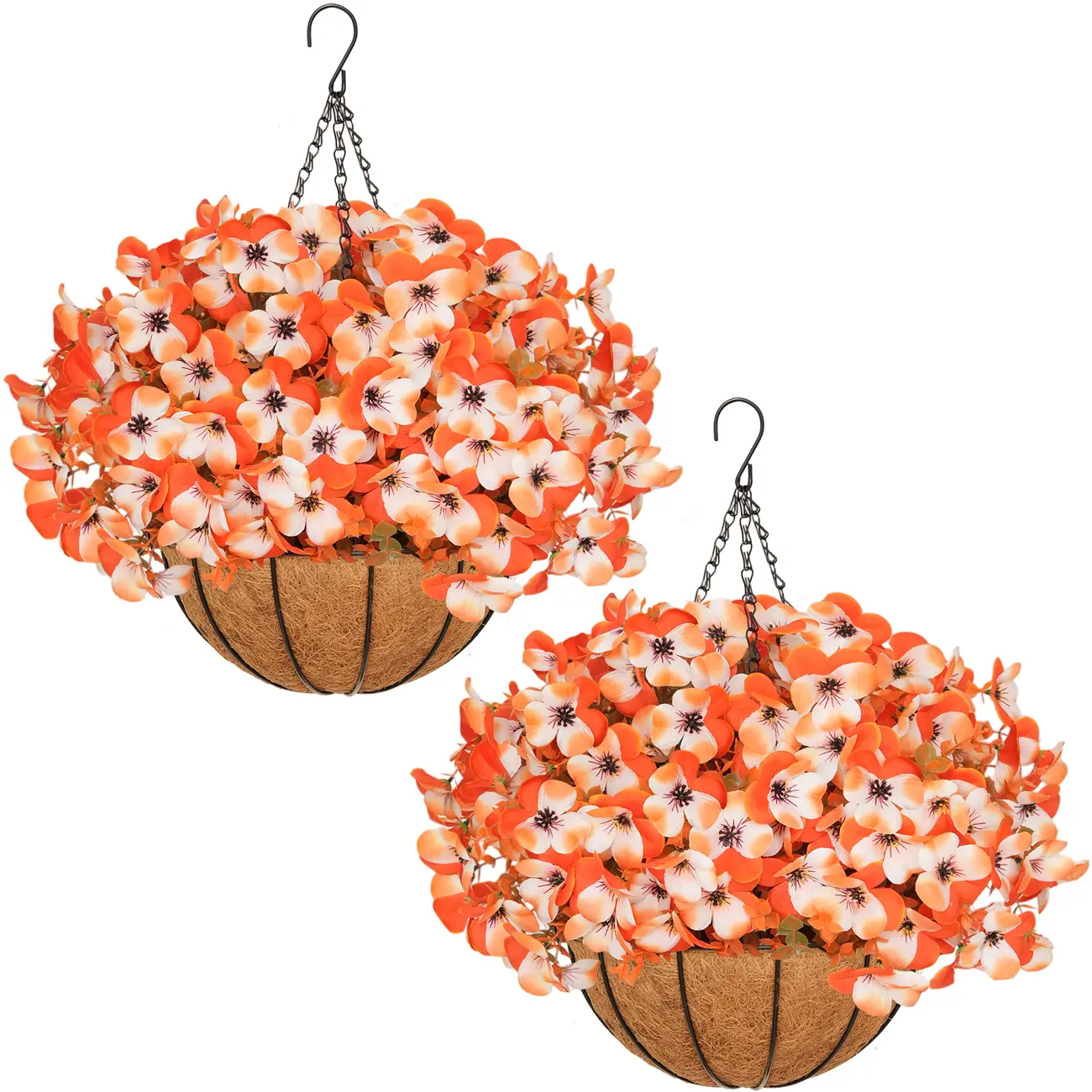 2 Pcs Artificial pansy hanging plant basket, perfect for Autumn outdoor decoration, made of realistic silk material, UV-resistant, featuring vibrant daisies and eucalyptus leaves, suitable for porches, homes, patios, balconies, and gardens.