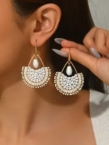 Handmade White & Gold Beaded Fan Drop Earrings, Boho Statement Earrings for Women, Handcrafted Teardrop Design, Teardrop Accent, Lightweight Gold Trimmed, Perfect for Weddings, Beach Vacations, Festivals & Daily Wear, Trendy Beaded Jewelry