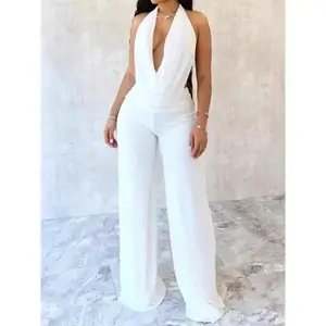 Minimalist Multi-Pockets Denim Jumpsuit  Halter Backless Deep V Cowl Neck Solid Color Jumpsuit for Women Elegant Evening Gowns Tea Party Attire Sexy One Piece Outfit Can be used with a raincoat
