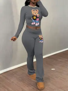 Women's Cartoon Bear Print Long Sleeve Crop Top & Flare Leg Pants Two-piece Set, Casual Fashion Cozy Round Neck Top & Bell Bottom Trousers for Daily Outdoor Wear, Women's Clothing for Fall & Winter, Womenswear