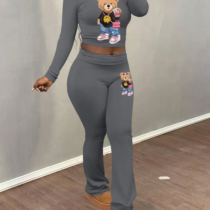 Women's Cartoon Bear Print Long Sleeve Crop Top & Flare Leg Pants Two-piece Set, Cropped Essential Sets, Casual Fashion Cozy Round Neck Top & Bell Bottom Trousers for Daily Outdoor Wear, Women's Clothing for Fall & Winter, Womenswear