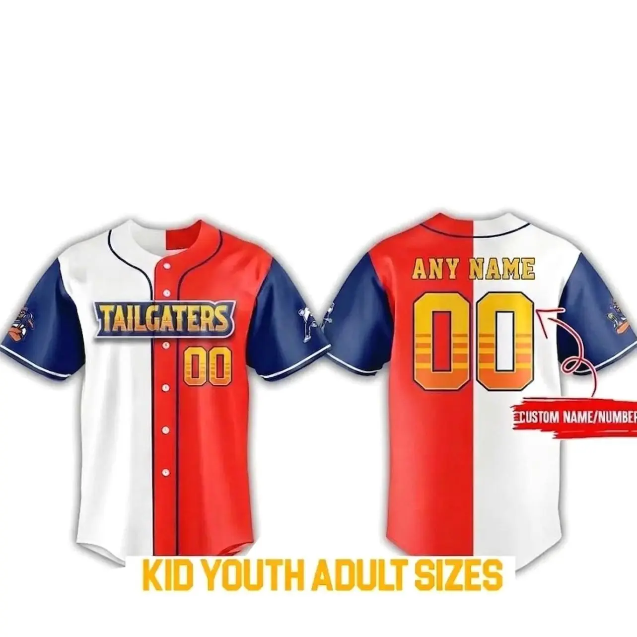 Custom Tailgaters Baseball Jersey Personalized Name Number, Texas Spirit Baseball Shirt, Two Tone Red White Blue Sportswear, Gameday Outfit