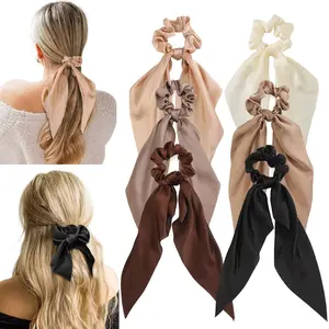 6 PCS Ponytail Holder Hair Accessories, Hair Scrunchies for Women, Satin Hair Ribbon Scrunchy Elastic Hair Ties, Knotted Bow Silk Hair Ties, Bow Silk Scrunchies, Hair Ties with Bows, Gradient Color Ribbon Hair Bands on Big Ponytails