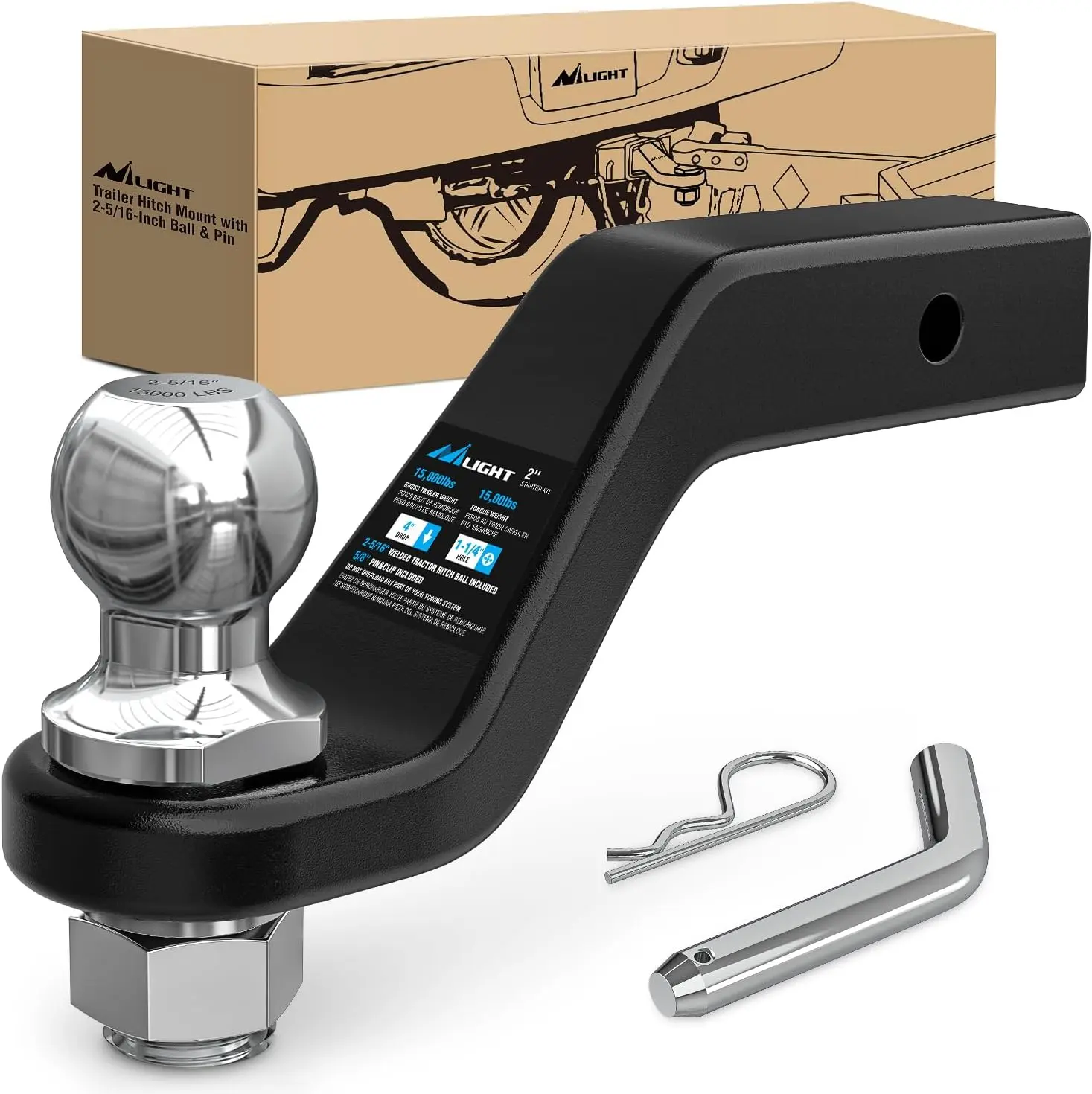 Nilight Forged Steel Trailer Hitch Mount - 2-5/16 in Ball, 2 in Square Receiver, 5/8 in Pin Clip, 15000 lbs Capacity, 4 in Drop, 1-1/4 in Hole, Gloss Black Powder Coat - Towing Accessory for Motorcycle, ATV, Campers