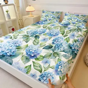 3pcs Blue Hydrangea Floral Fitted Sheet Set, Chic Watercolor Flower Bed Sheet Set No Fillers, Botanical Bedding Set with Pillowcases, Deep Pocket Elegant Garden Style Bed Cover for Girls Teens & Adults