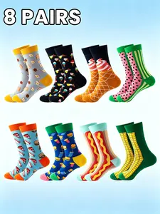 8 Pairs Food Theme Mid-Calf Socks Set, Fun Prints Like Coffee, Ice Cream, Fries, Hot Dog, Vibrant Colors, Comfortable, Versatile and Fit