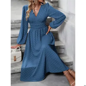 Women Maxi Dress Neck Surplice Clasi tiktok Swiss Dot Lantern Sleeve Outfit