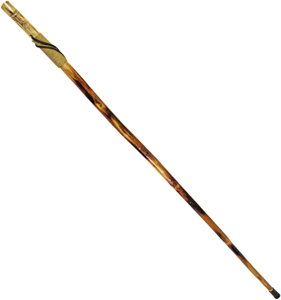 Hand-Carved Bianbai Wood Hiking Staff, 55-Inch Durable Outdoor Survival Stick with Rope Wrapped Grip, Steel Spike & Wrist Strap, Durable Survival Stick