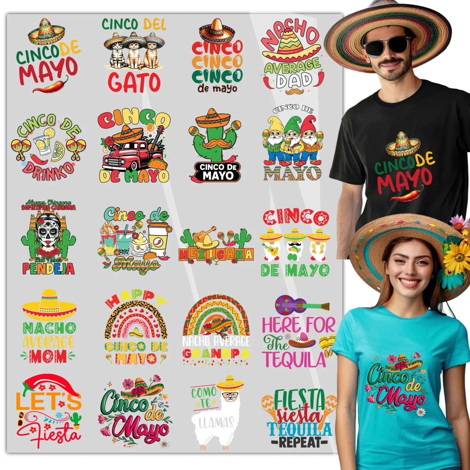 20sheet Cinco De Mayo Iron on Decals for T Shirts Bags Heat Transfer Design, Green Iron on Transfers Crafts Pattern Iron on Patches for Clothing Hoodies, DIY Supplies Ready to Press
