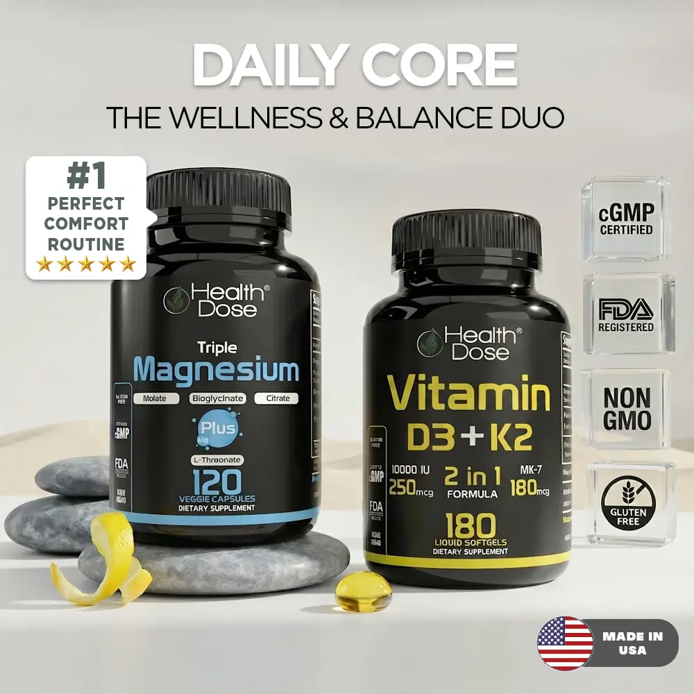 Healthdose Daily Core Wellness & Balance Duo - 2-Bottle Essential Stack (Triple Magnesium Plus and Vitamin D3 + K2)