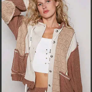 POL button down oversized fit jacket with hoodie featured in thermal, quilted knit and cut and sew sweater knit.  Matching bottom: FKP102  -------------------------------------------------------------------------- long sleeve