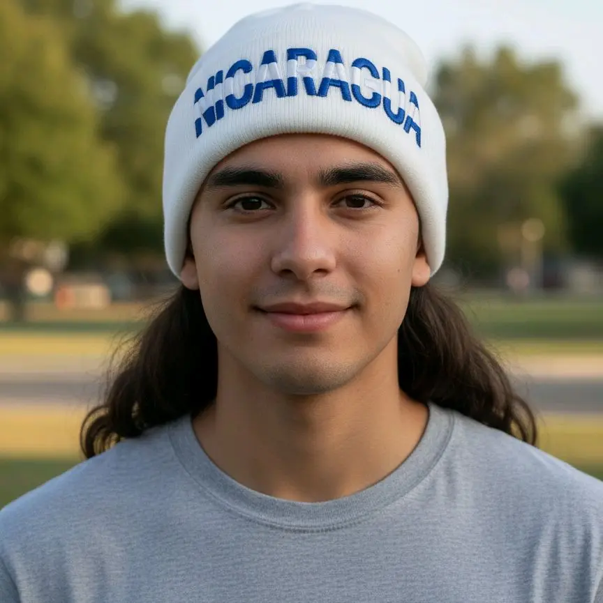 Nicaragua Wool Cap - White Beanie with Blue Text for Men and Women Modern Versatile Hat in White Blue and Black Colors