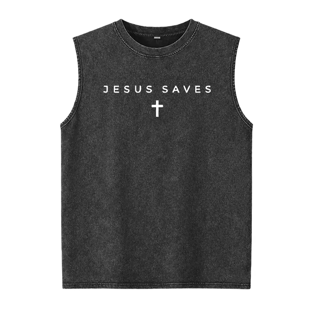Jesus Saves Cross Subtle Christian Minimal Religious Faith Washed Vest Casual Cotton