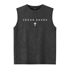 Jesus Saves Cross Subtle Christian Minimal Religious Faith Washed Vest Casual Cotton
