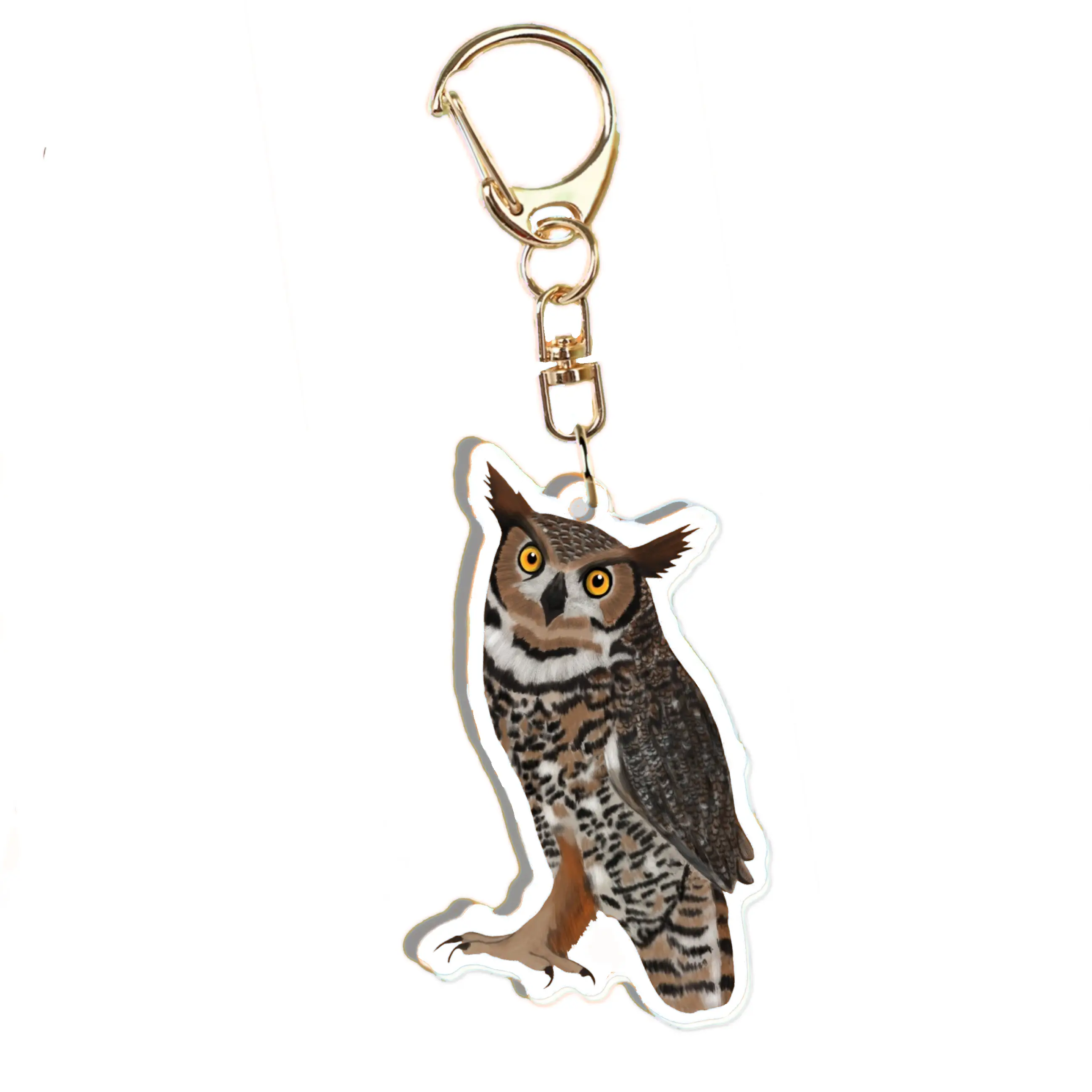 KT Key Chain Creations Realistic Great Horned Owl Acrylic Keychain - Lobster Clasp, Double-Sided, with 5 Educational Fun Facts Tag for Nature Lovers