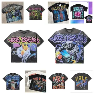 VALLEY Short Sleeve T-shirts Retro Wash Old Streetwear Men Women Couples Movie Poster Character Print Hot Drill Vale Top Tee Womenswear Clothes Oldschool