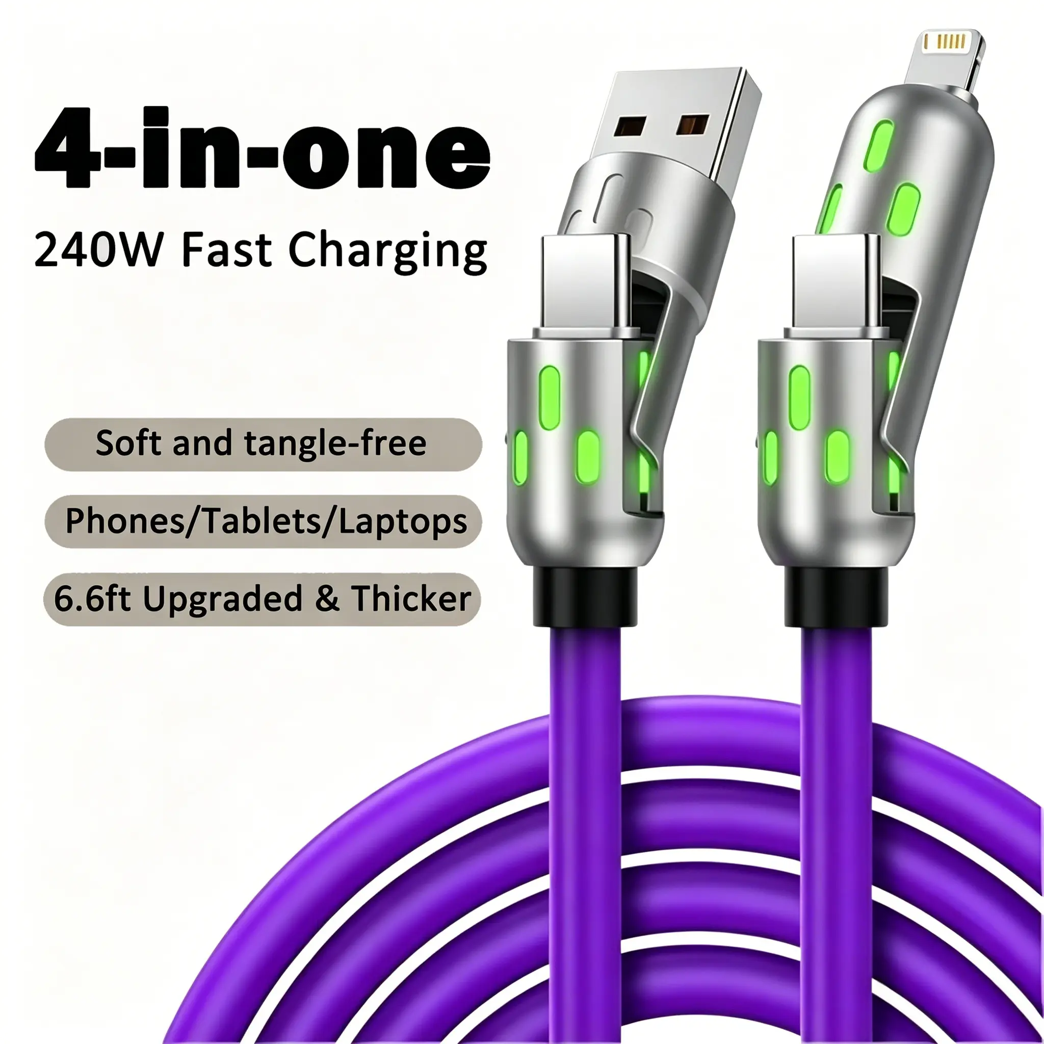6.6ft 4-in-1 Fast-Charging USB Charger Cable - USB A, Type C, Lightning Connectors, Aluminum Alloy Build, Cable Management for Smartphones