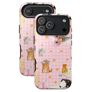 Cute Pink Gingham Animal Phone Case – Cartoon Cats, Cupid Mice, Funny Sheep with Heart Glasses & Star Accents, Whimsical Pet Collage Design – Soft Pastel Retro Style for iPhone & Samsung Galaxy Models – Perfect Gift for Animal Lovers & Cat Fans