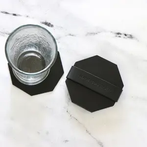 Octagon Black Leather Coasters - Set of 4