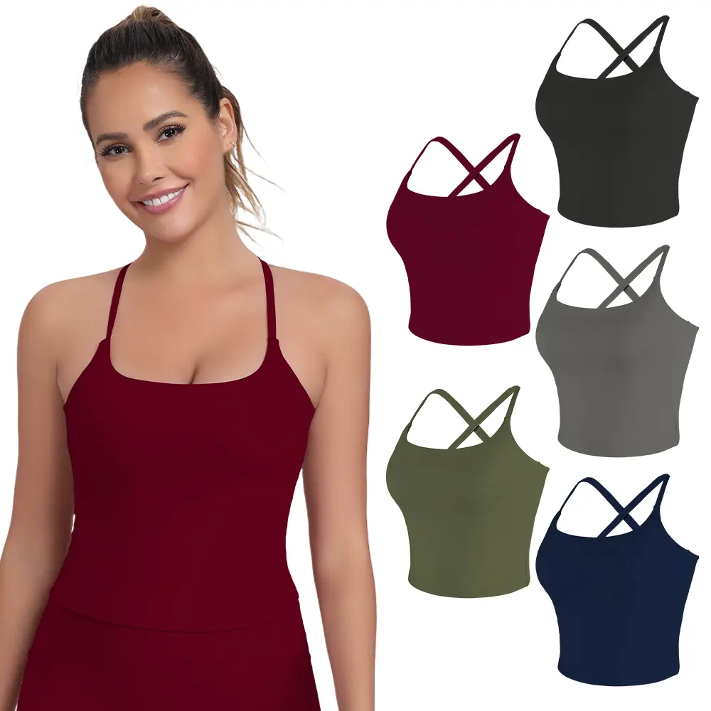 CRAZY YOGA 1/3/5-PACK 2026 New Adjustable Straps Built-in Bra Tank Top - Criss Cross VS Spaghetti Thin Straps & Scoop Neck, Slim Cute Buttery Soft Thicker Fabric Longline Sports Bra with Built-in One-Piece Bra Pads Yoga Wear Fitness Yoga Gym Activewear